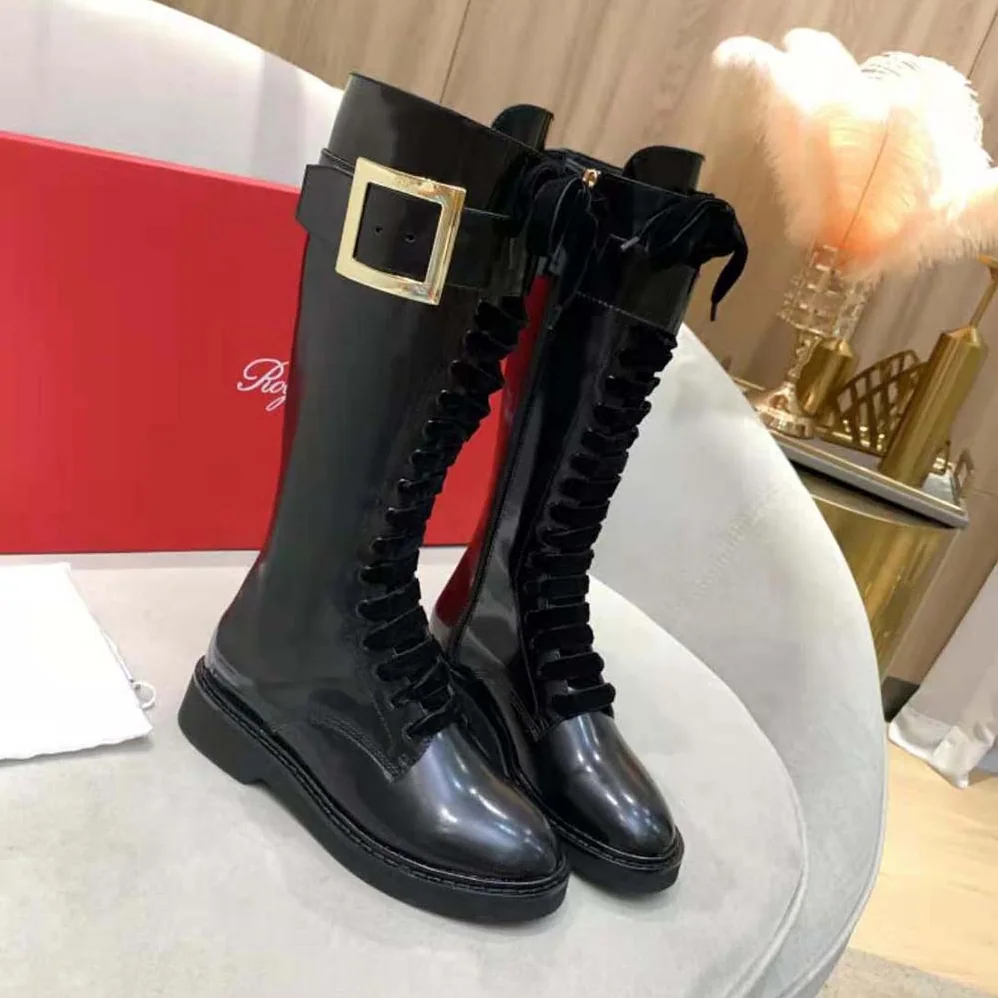 Roger Vivier Rangers Lace Up Metal Buckle Boots in Leather for Women