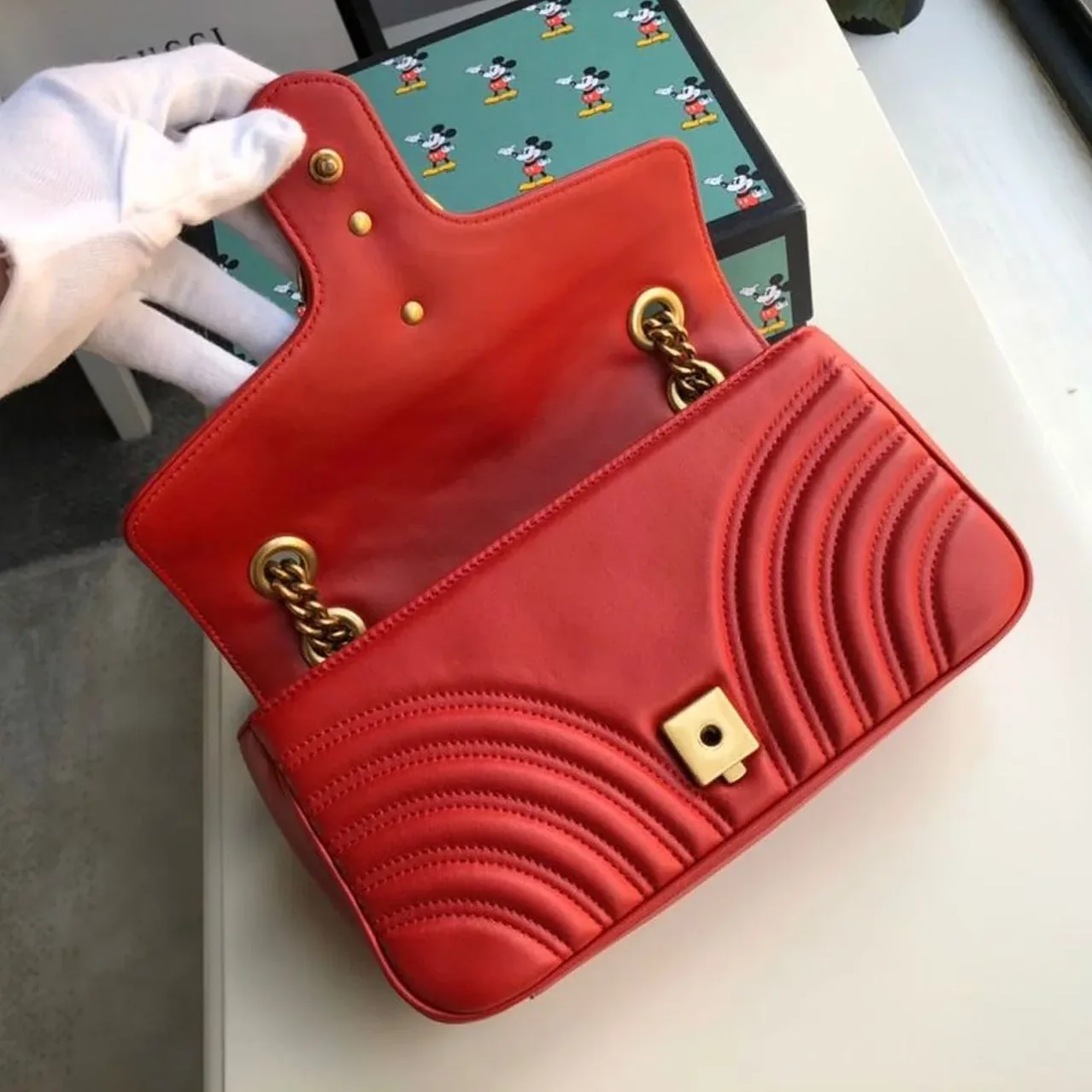 Gucci Marmont Small Matelassé Shoulder Bag Hibiscus Red Matelassé Chevron / GG