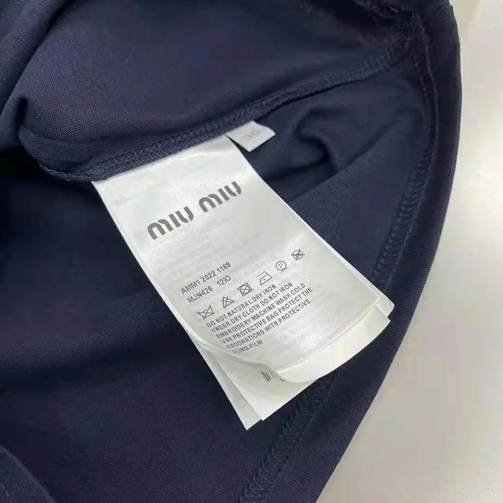 Miu Miu Jersey T-shirt with Embroidered Logo for Women in Navy Miu Miu Jersey T-shirt with Embroidered Logo for Women in Navy