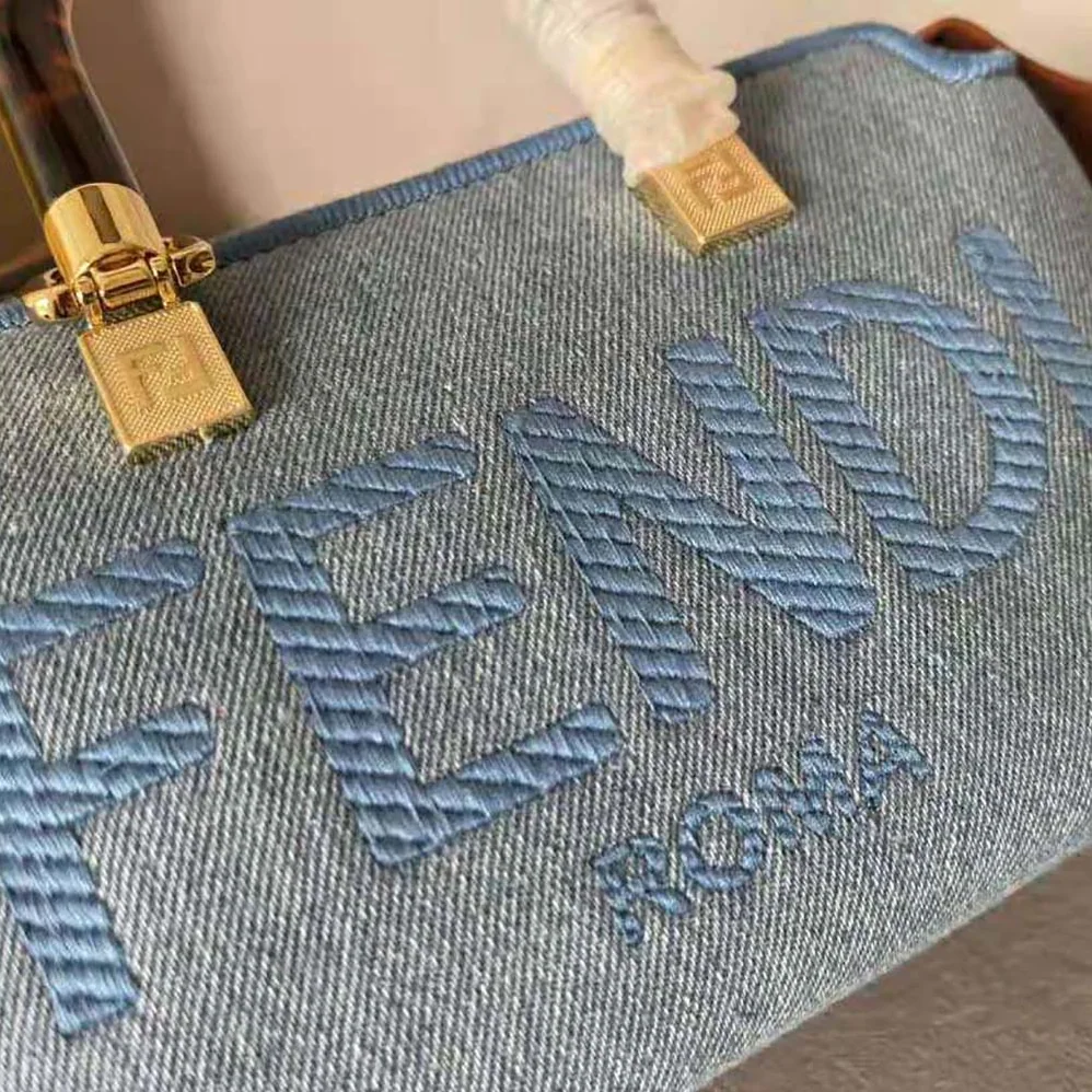 Fendi By The Way Mini Light Blue Denim Small Boston Bag for Women