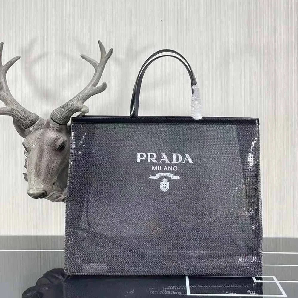 Prada Sequined Mesh Tote Bag for Women in Black Prada Sequined Mesh Tote Bag for Women in Black