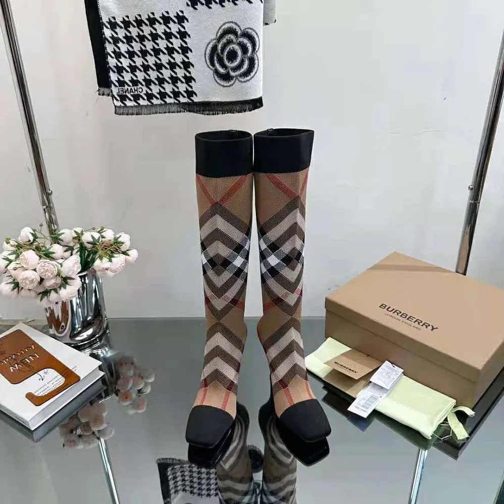 Burberry Knitted Check Sock Boots for Women in Brown