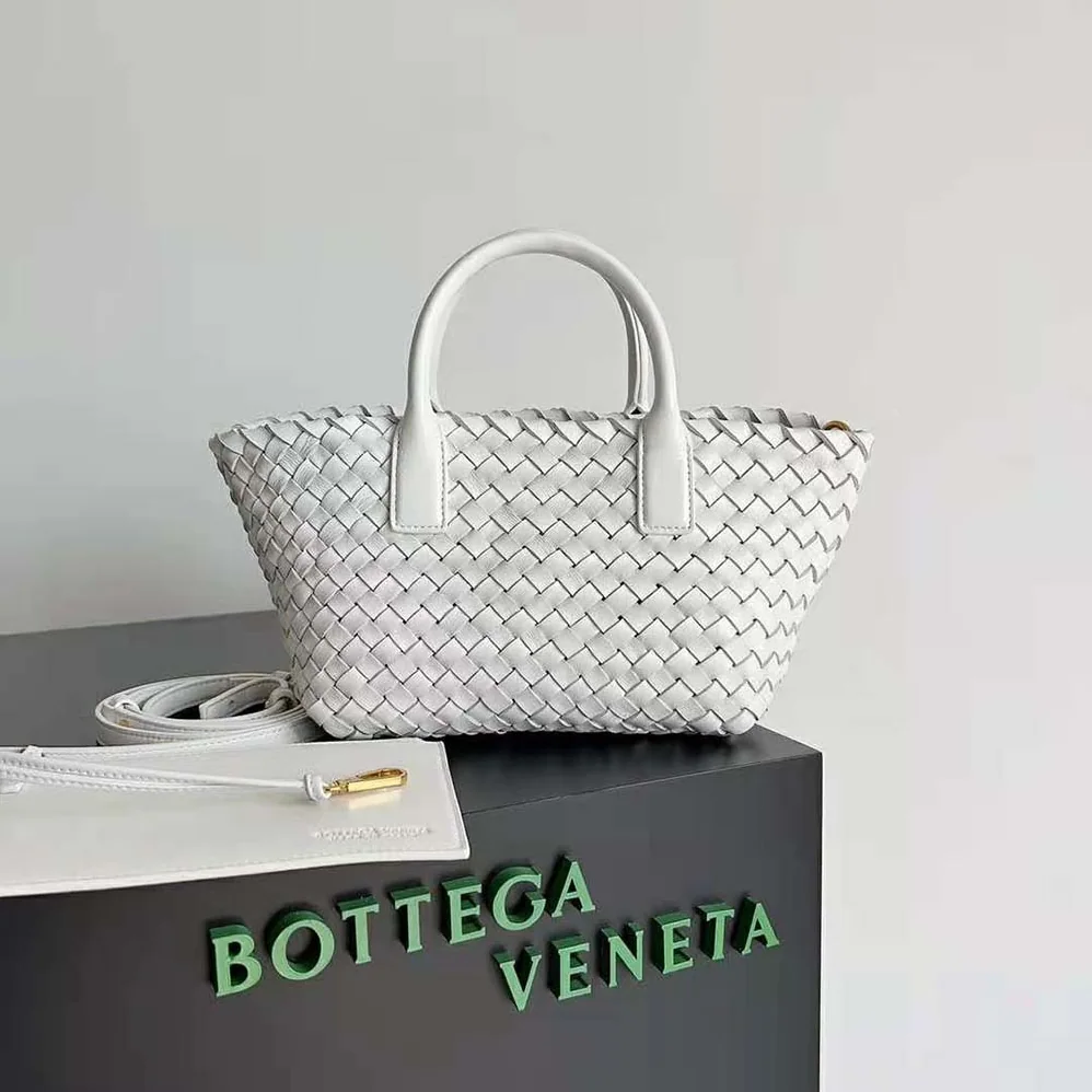 Bottega Veneta Mini Cabat Intreccio Leather Tote Bag with Detachable Strap for Women in White