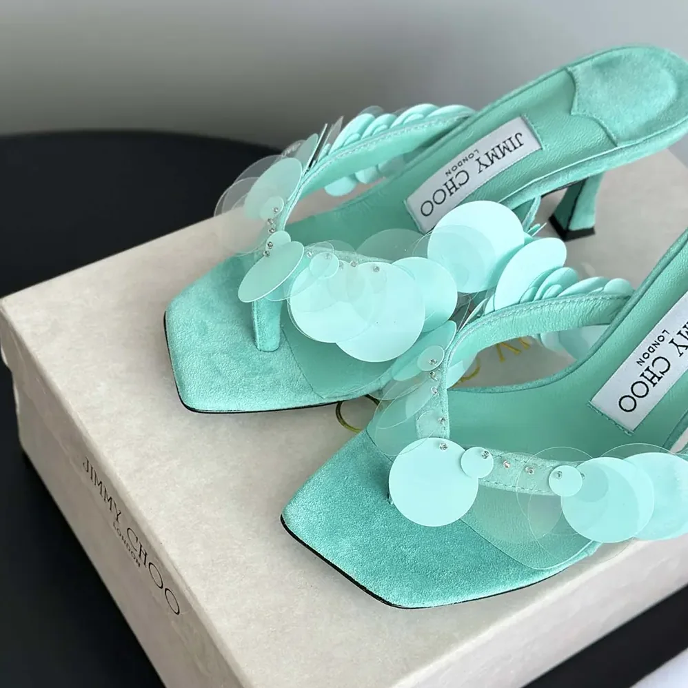 Jimmy Choo Freja 70 Aqua Green Suede Paillette Sandals for Women