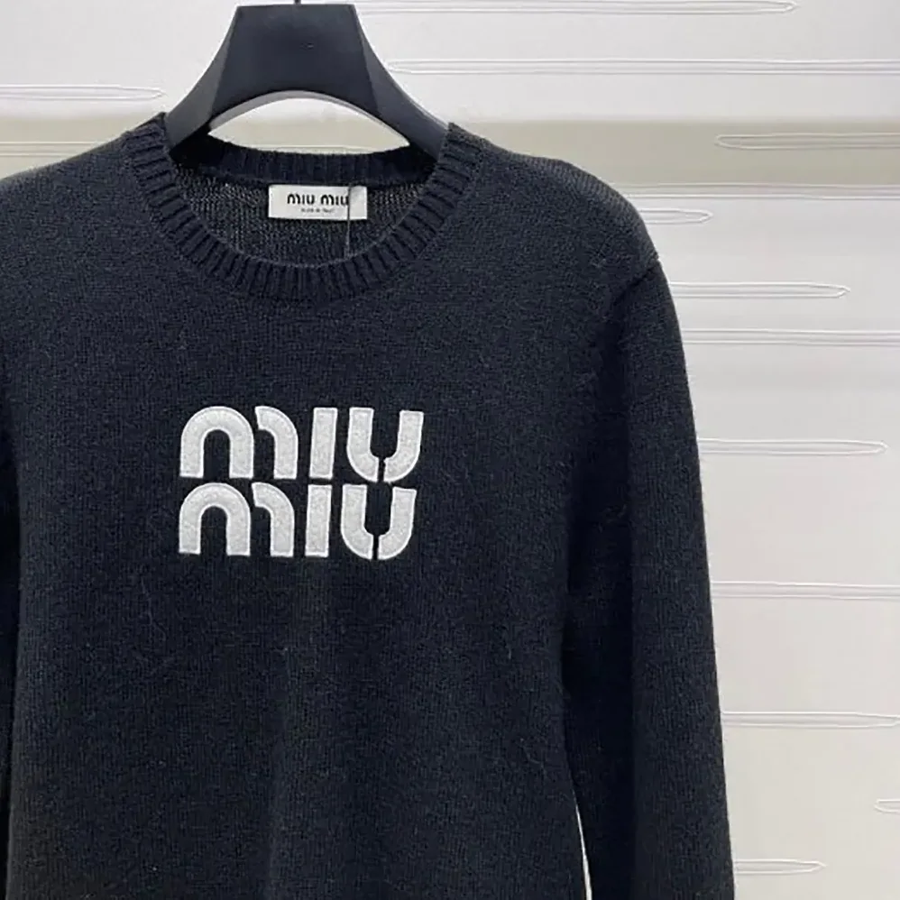 Miu Miu Double Cashmere Sweater with Logo for Women in Black