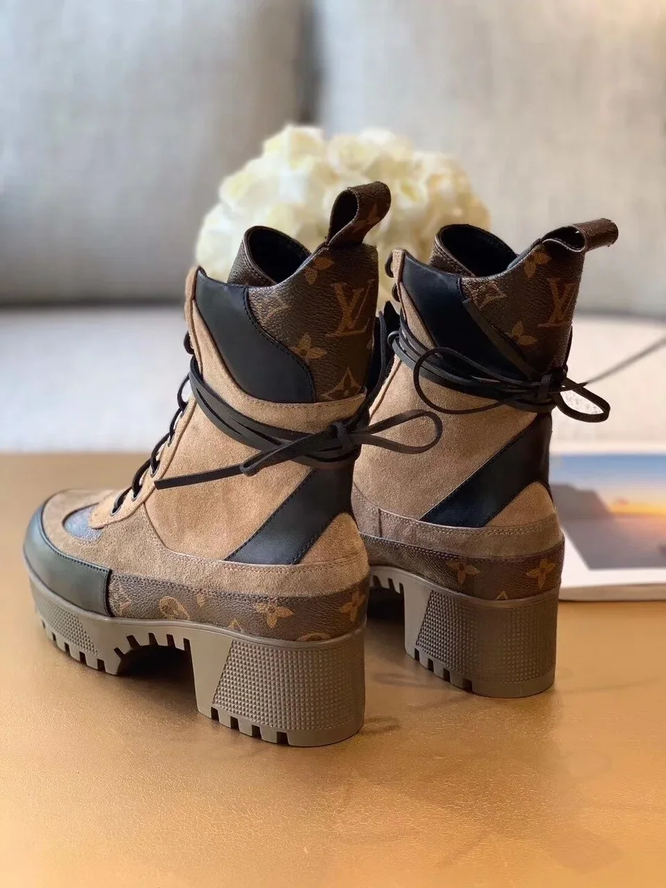Louis Vuitton Laureate Desert Boots Patent Monogram Material Brown LV 1A4XYE