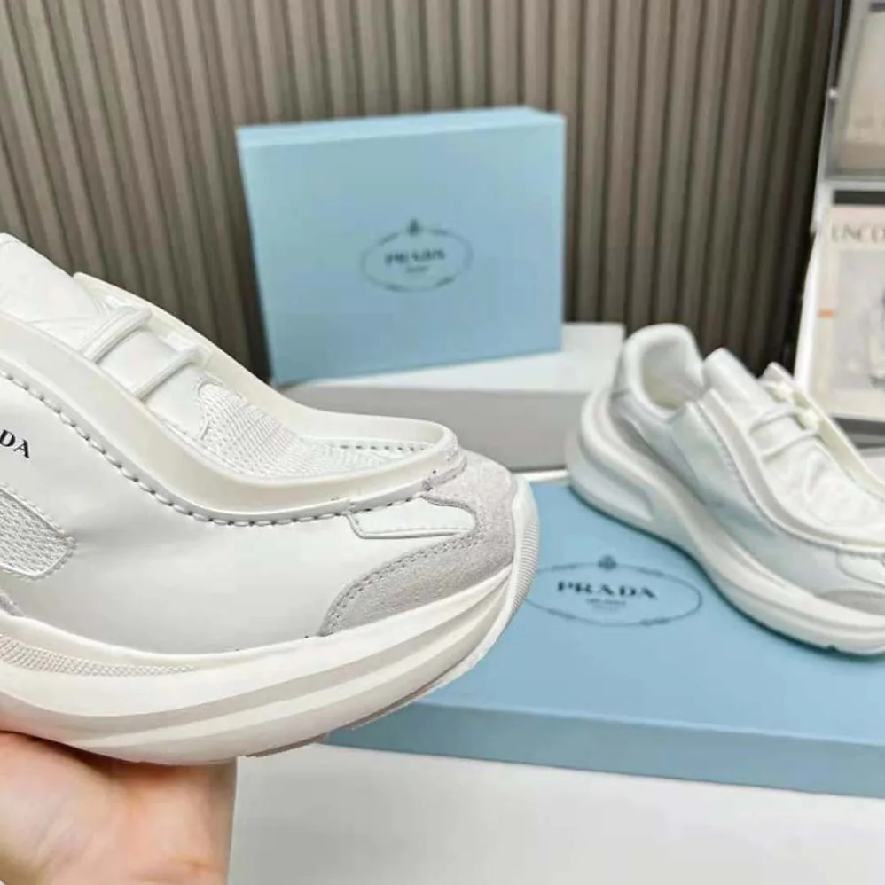 Prada Systeme Brushed Leather Sneakers with Bike Fabric and Suede Elements for Men in White