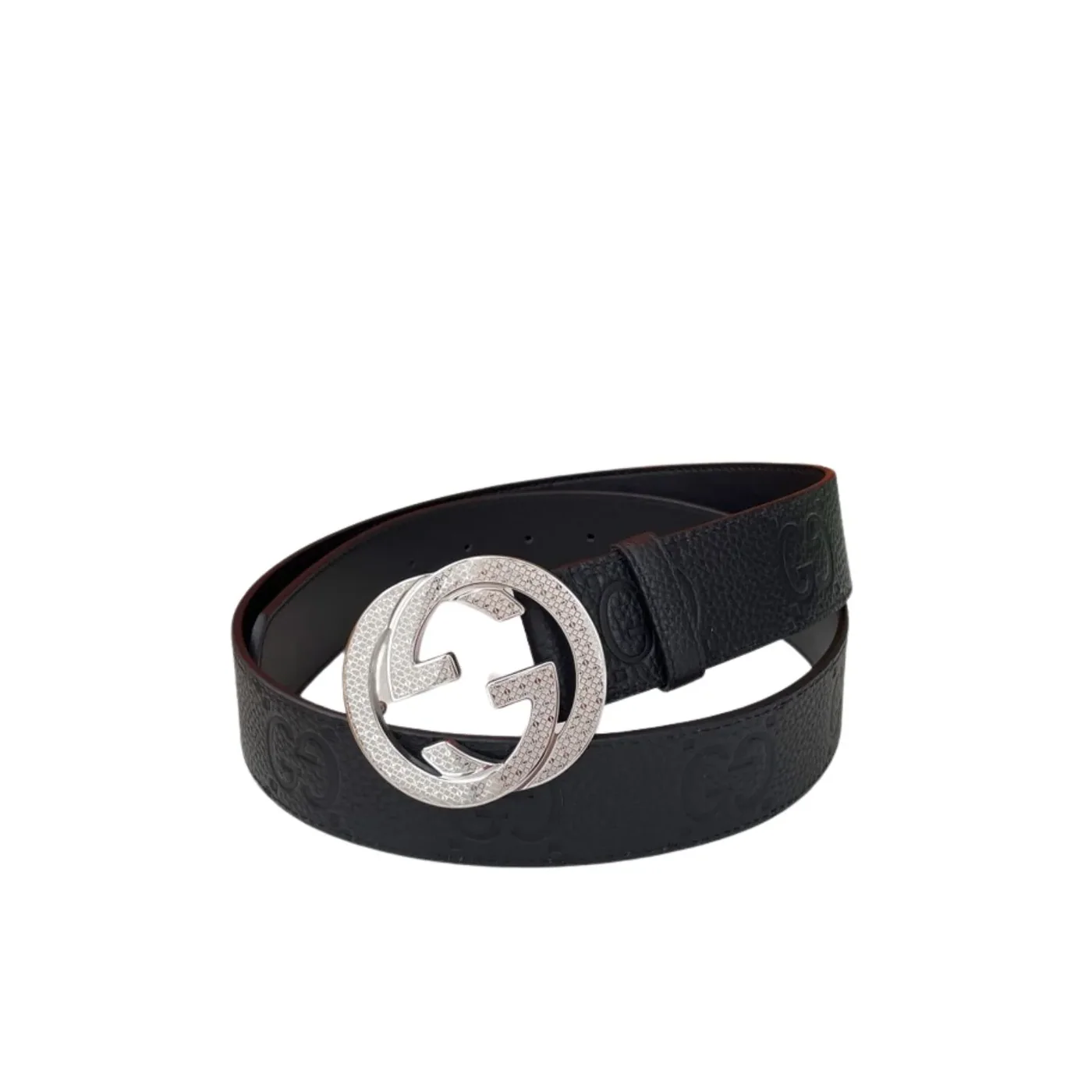 Gucci GG Pebbled Monogram Belt Black With Silver Crystal Buckle Gucci GG Pebbled Monogram Belt Black With Silver Crystal Buckle