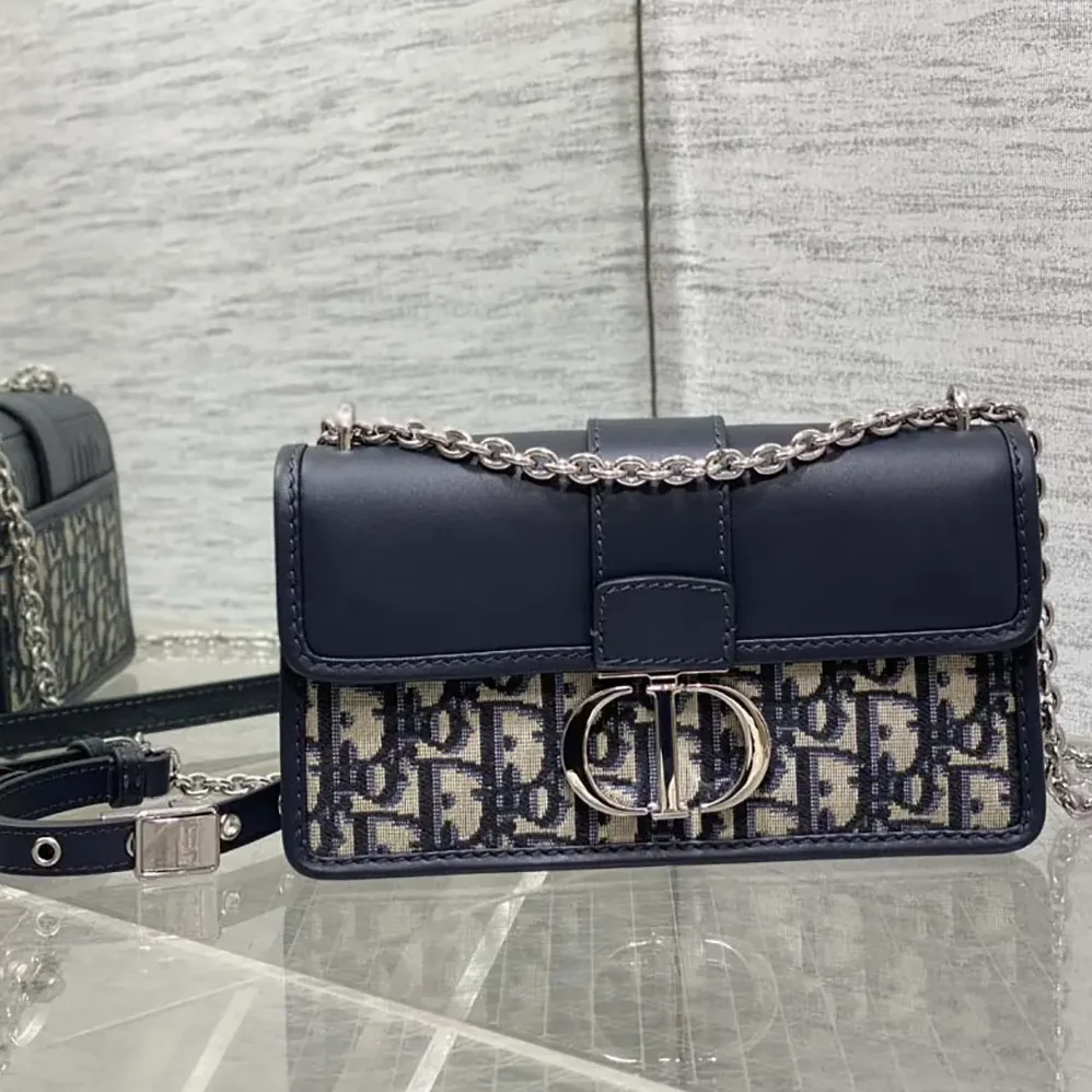 Dior 30 Montaigne East-West Bag with Chain Blue Dior Oblique Jacquard and Smooth Calfskin for Women