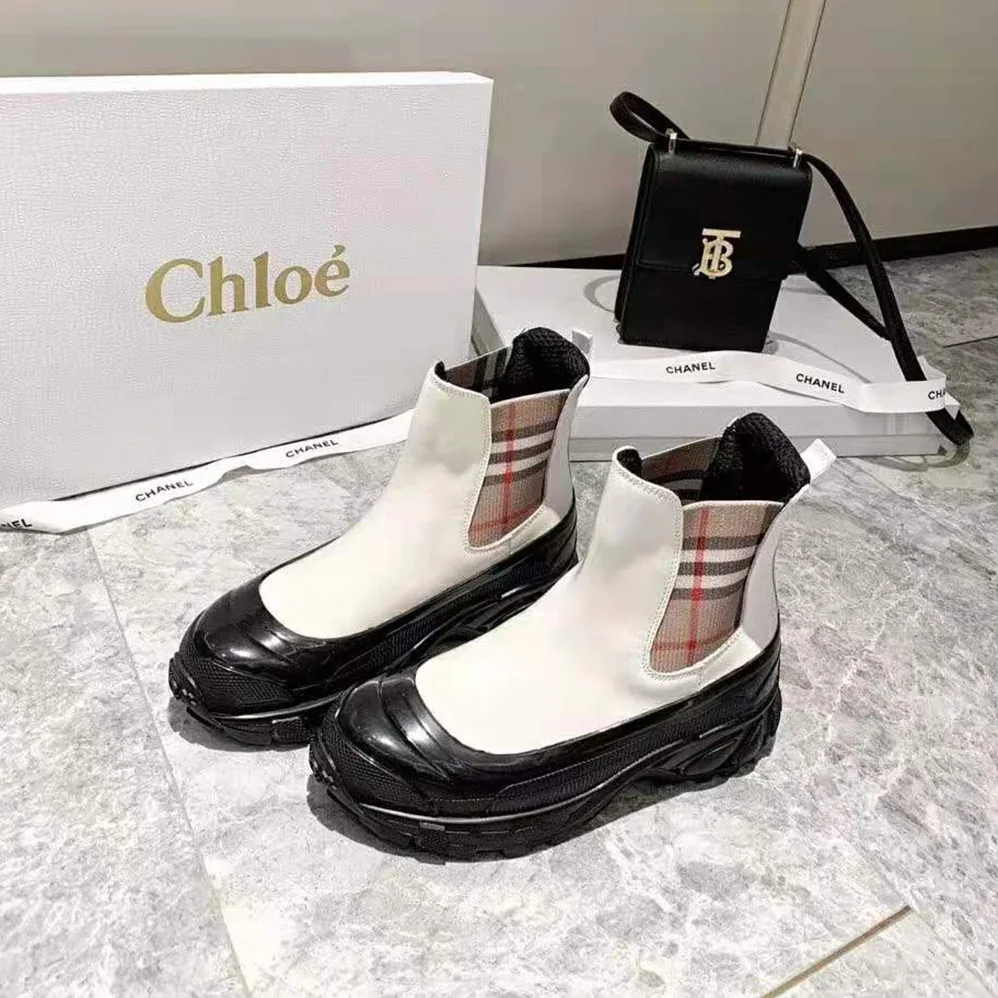 Burberry Vintage Check Detail Coated Canvas Chelsea Boots for Women in White