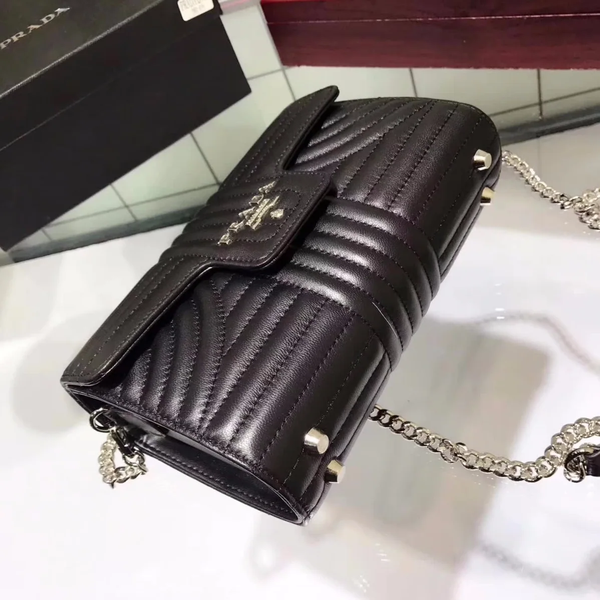 Prada Diagramme Big Leather Handbag with Top Handle in Black