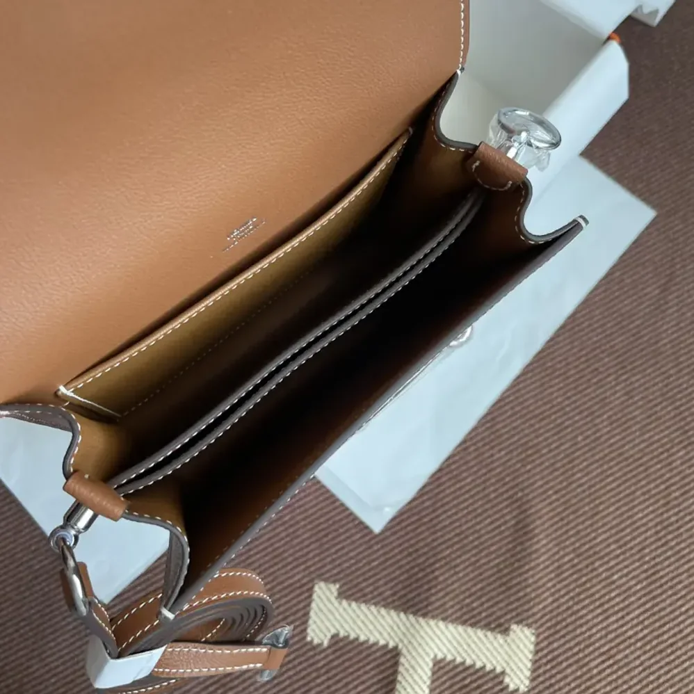Hermes Roulis Mini Bag in Evercolor Calfskin for Women in Brown/Silver Hermes Roulis Mini Bag in Evercolor Calfskin for Women in Brown/Silver