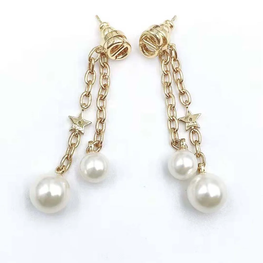 Dior CD Navy Earrings Gold-Finish Metal and White Resin Pearls for Women