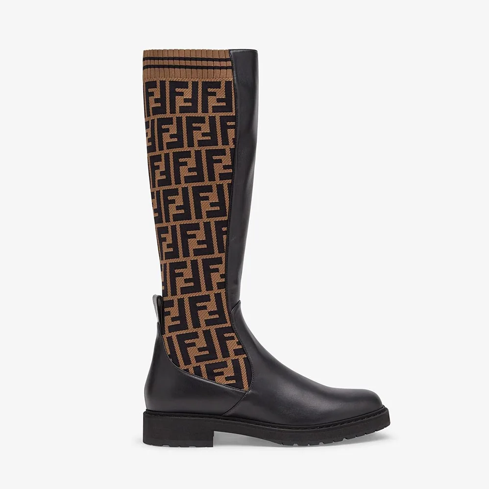 Fendi Rockoko Black Leather Ankle Boots with Stretch Fabric for Women