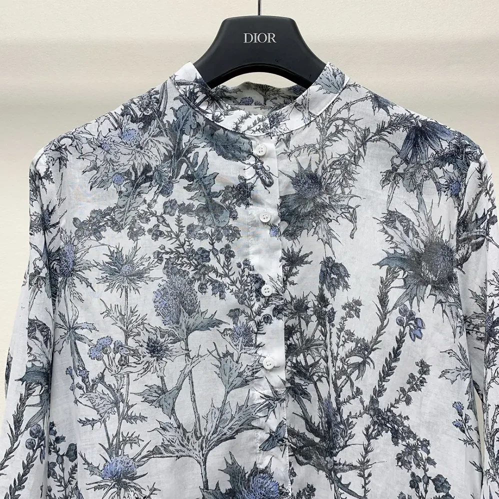 Dior Long Blouse White Cotton Muslin with Blue Dior Chardons Motif for Women