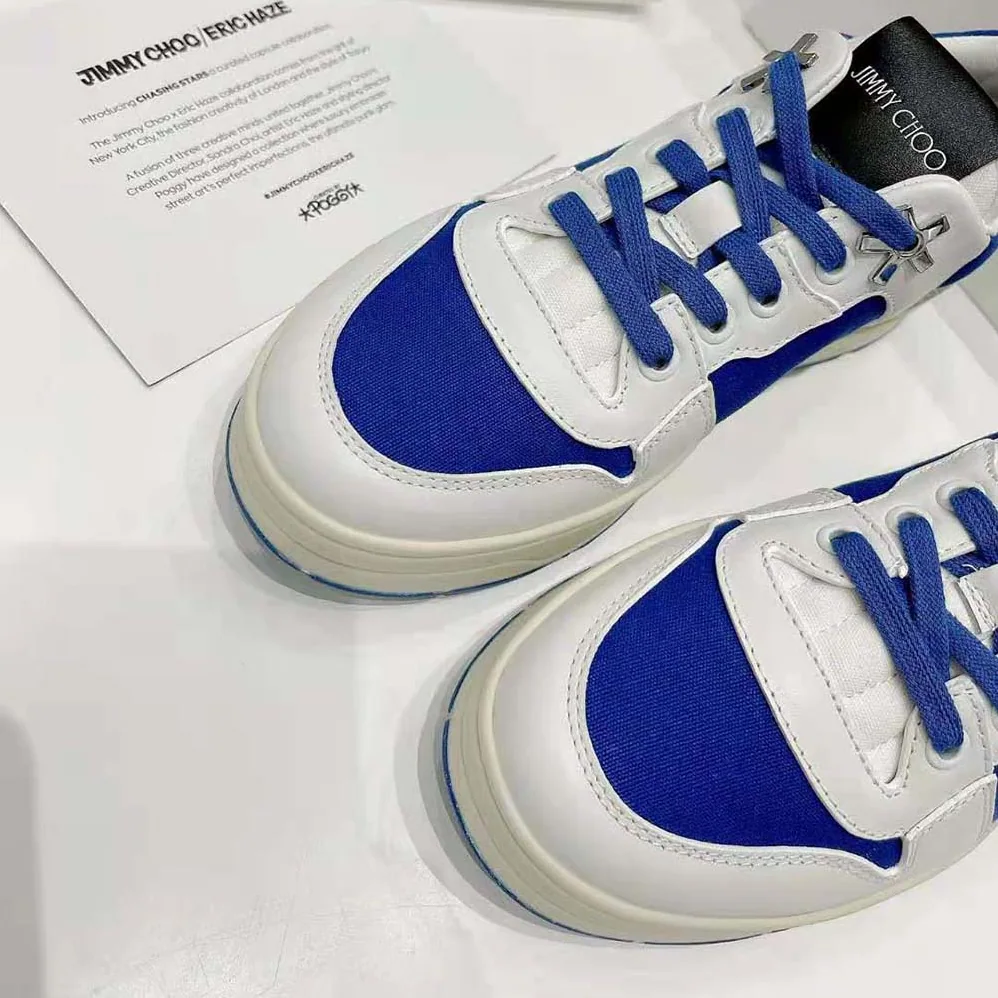 Jimmy Choo JC / Eric Haze Florent/M White Calf Leather and Blue Canvas Trainers for Unisex Jimmy Choo JC / Eric Haze Florent/M White Calf Leather and Blue Canvas Trainers for Unisex