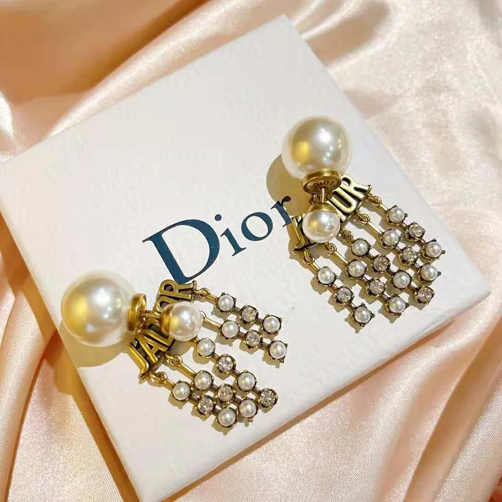 Dior Tribales Earrings Antique Gold-Finish Metal with White Resin Pearls for Women Dior Tribales Earrings Antique Gold-Finish Metal with White Resin Pearls for Women