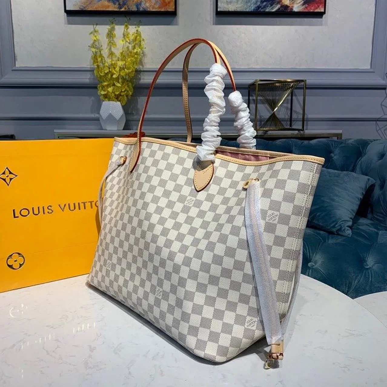 Louis Vuitton Neverfull GM Tote Bag / Rose Ballerine Pink Damier Azur Gold Hardware Louis Vuitton Neverfull GM Tote Bag / Rose Ballerine Pink Damier Azur Gold Hardware