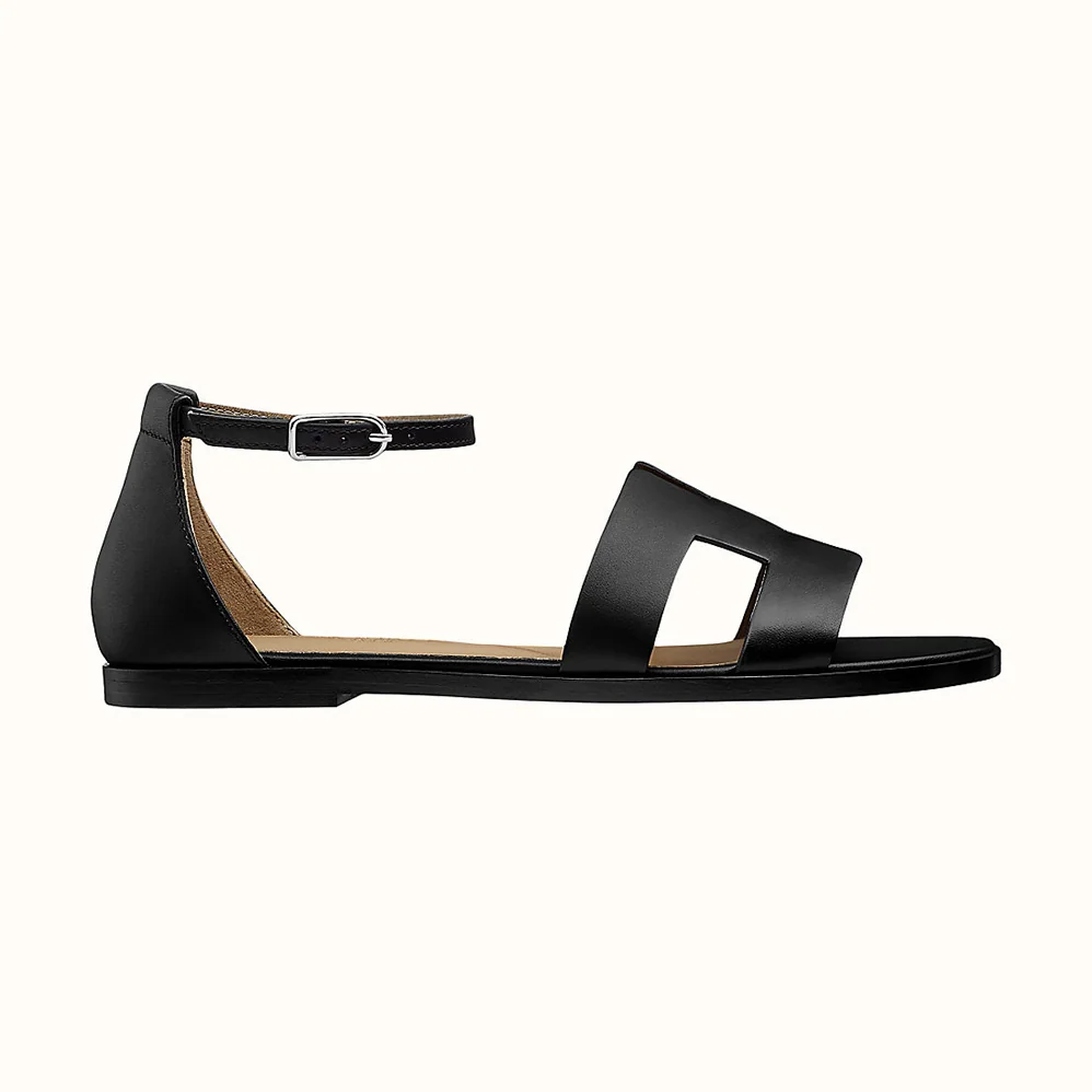 Hermes Santorini Sandal in Calfskin Leather for Women in Black