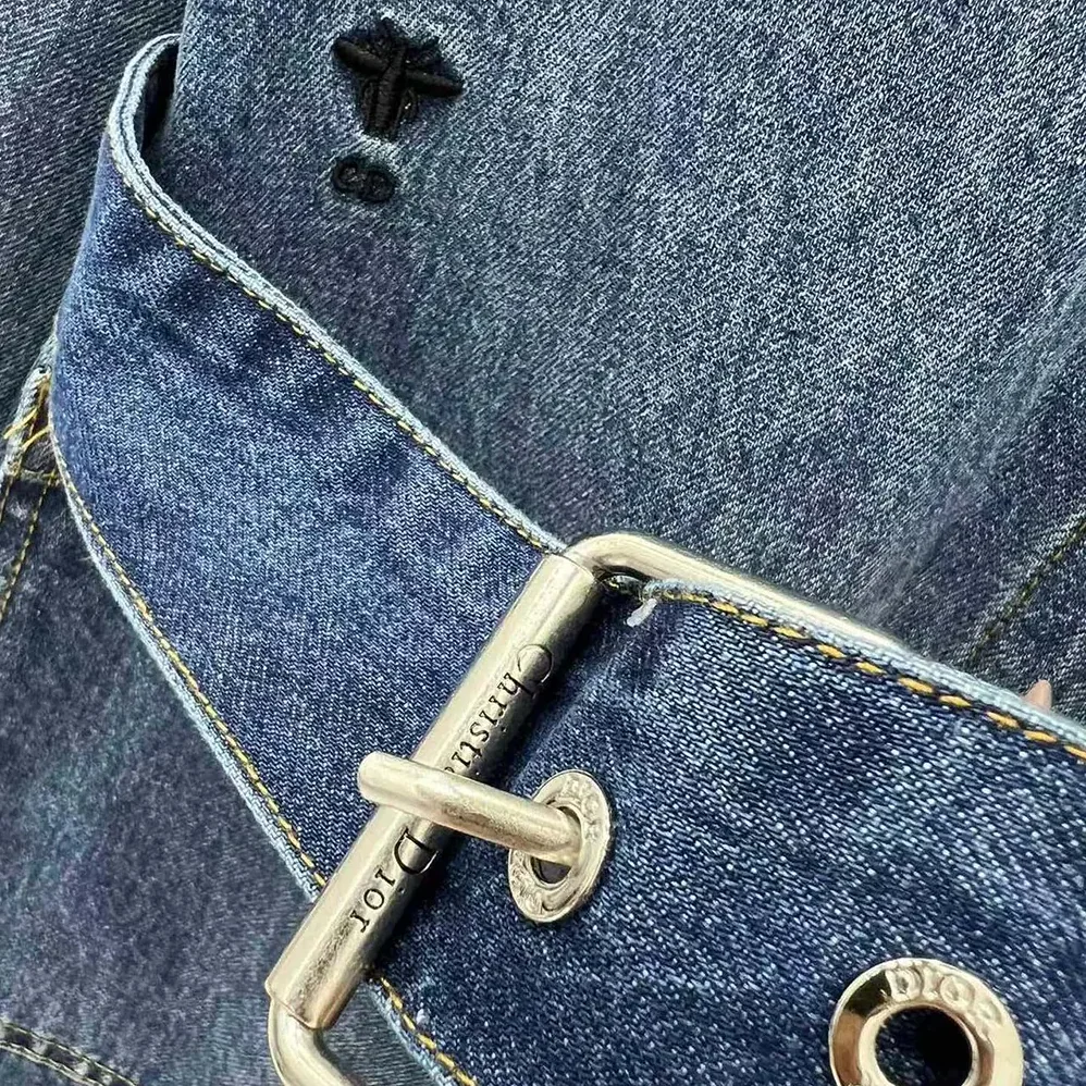 Dior Long Belted Jacket Blue Stonewashed Cotton Denim with Dior Oblique Interior for Women