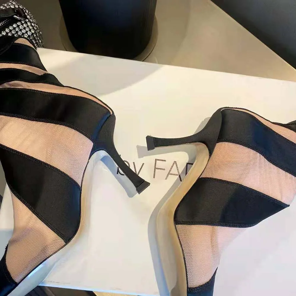 Jimmy Choo Mugler Sock Ankle Boot Black and Nude Sheer Spiral Stretch Fabric for Women