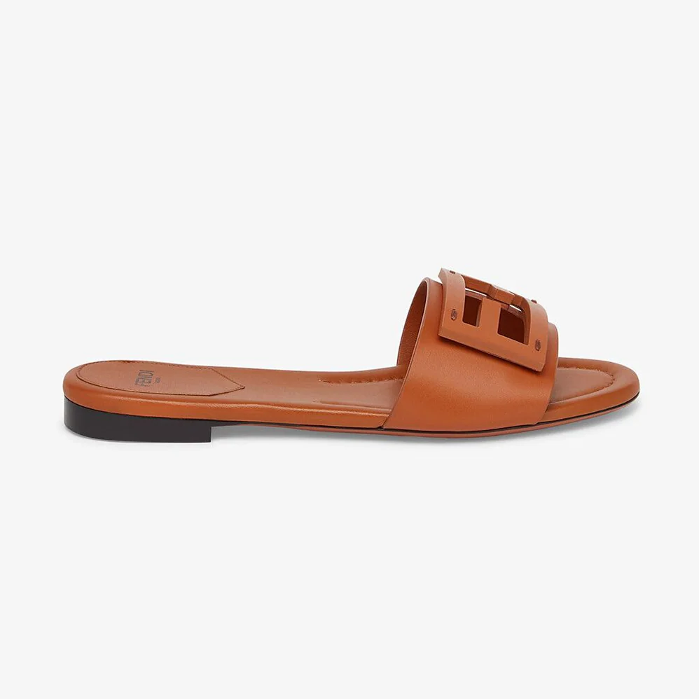 Fendi Signature Brown Leather Slides in 0.4 inches Heel Height for Women