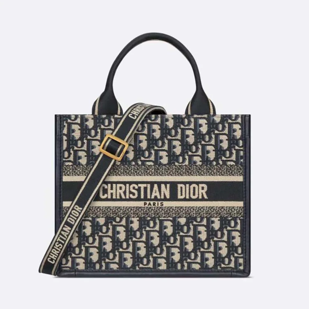 Dior Small Dior Book Tote Blue Dior Oblique Embroidery and Calfskin for Women