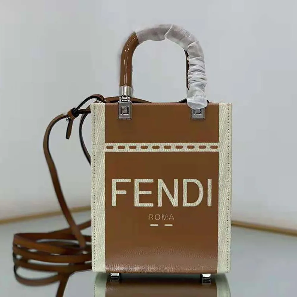Fendi Mini Sunshine Shopper Brown Patent Leather and Canvas Mini for Women in Bag