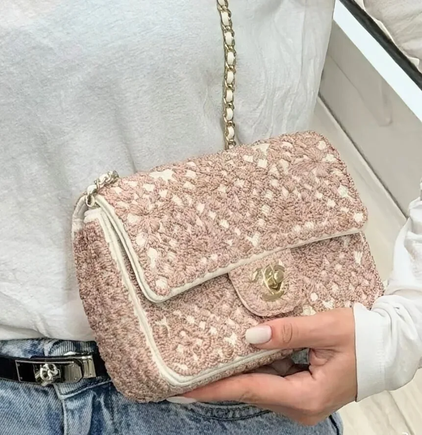 Chanel Crochet Small Flap Bag Crossbody in Pink Gold Hardware Chanel Crochet Small Flap Bag Crossbody in Pink Gold Hardware