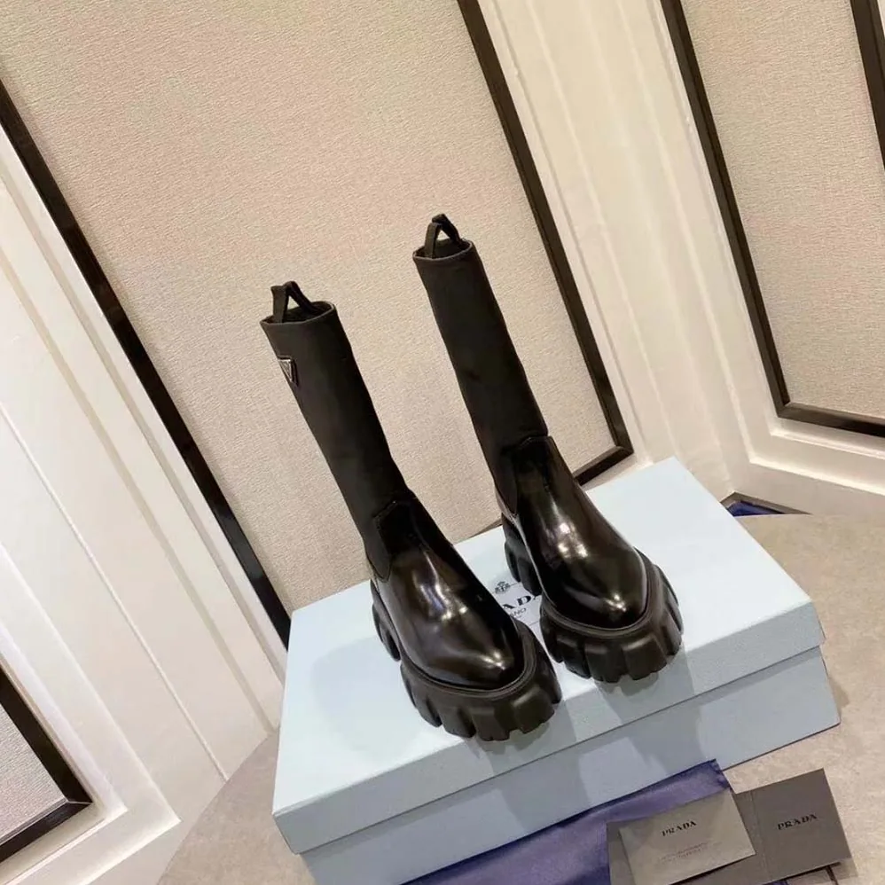 Prada Monolith Leather and Nylon Boots for Women in Black Prada Monolith Leather and Nylon Boots for Women in Black