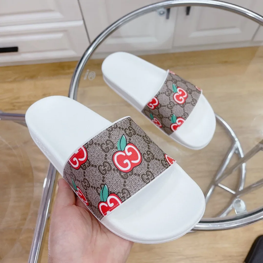 Gucci GG Slide Sandal With GG Apple White And Brown for Women Gucci GG Slide Sandal With GG Apple White And Brown for Women