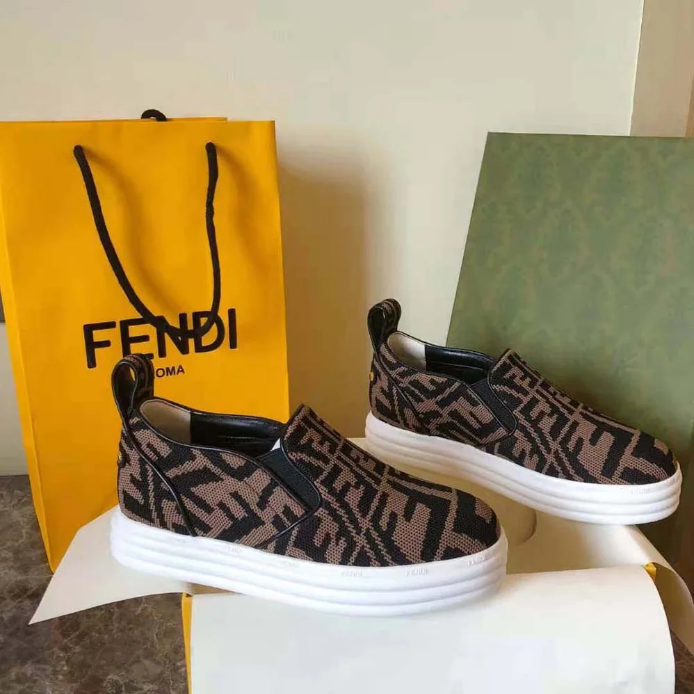 Fendi Rise Brown Fabric Slip Ons for Women