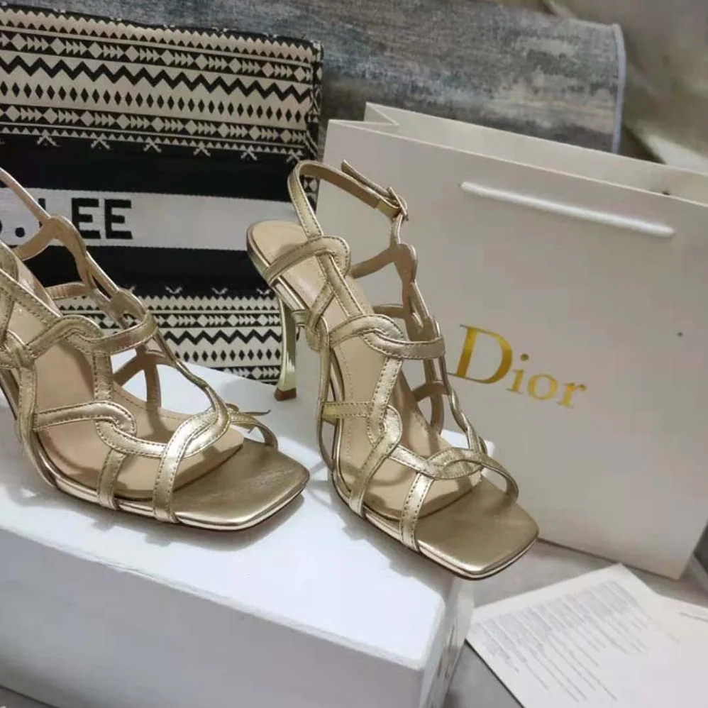 Dior D-Fame Heeled Sandal Gold for Women in Tone Laminated Lambskin