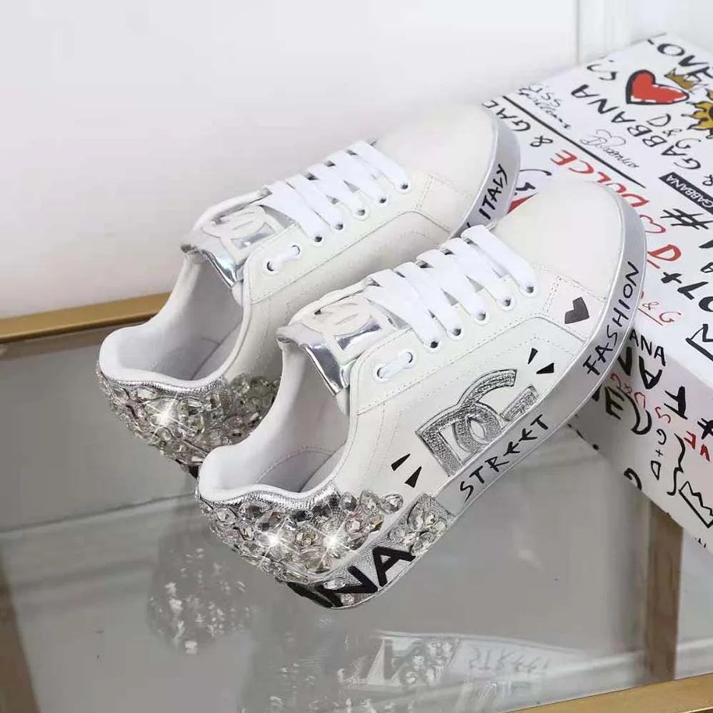 Dolce Gabbana D&G Printed Calfskin Nappa Portofino Sneakers with DG Logo and Embroidery for Men in Silver