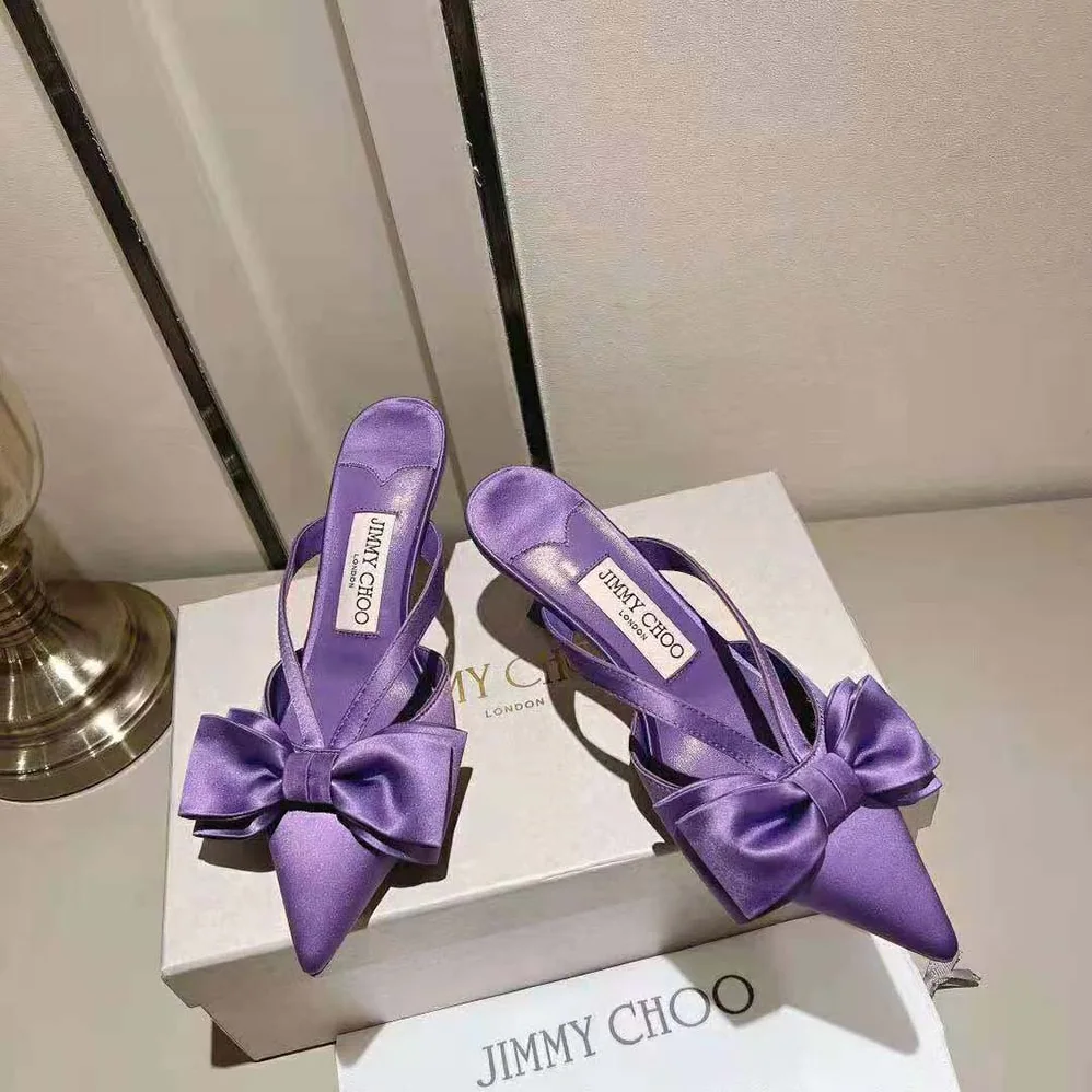 Jimmy Choo Flaca Mule 50 Wisteria Satin Mules with Bow for Women
