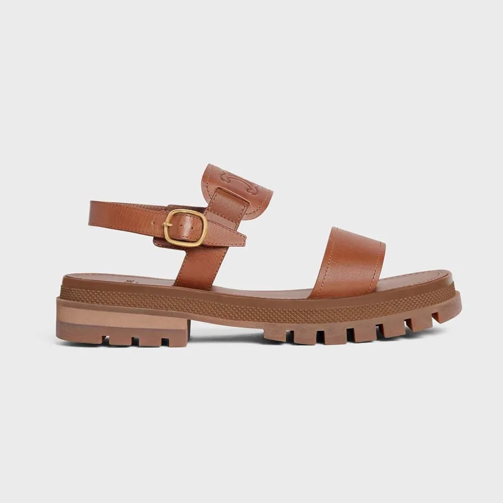 Celine Clea Triomphe Sandal in Vegetal Calfskin for Women in Brown Celine Clea Triomphe Sandal in Vegetal Calfskin for Women in Brown