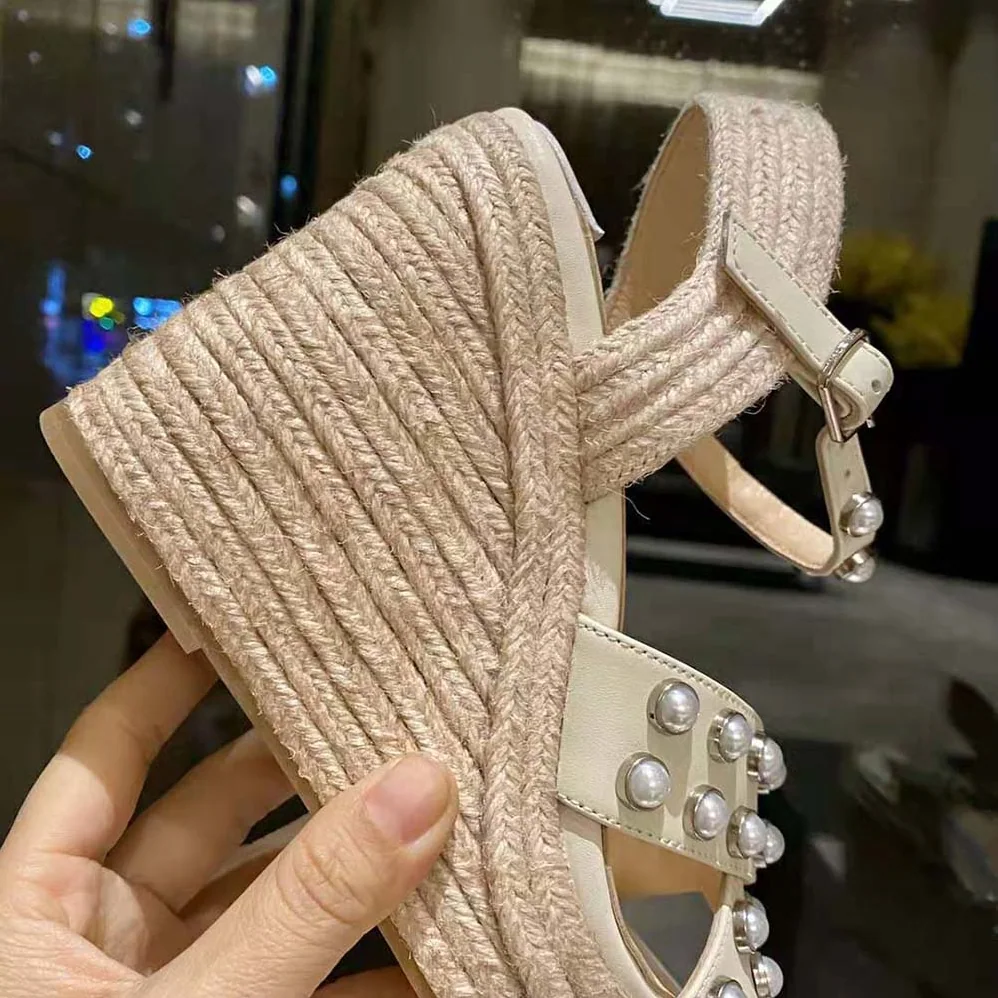 Jimmy Choo Dellena 100 Latte Nappa Wedges with Pearls for Women Jimmy Choo Dellena 100 Latte Nappa Wedges with Pearls for Women