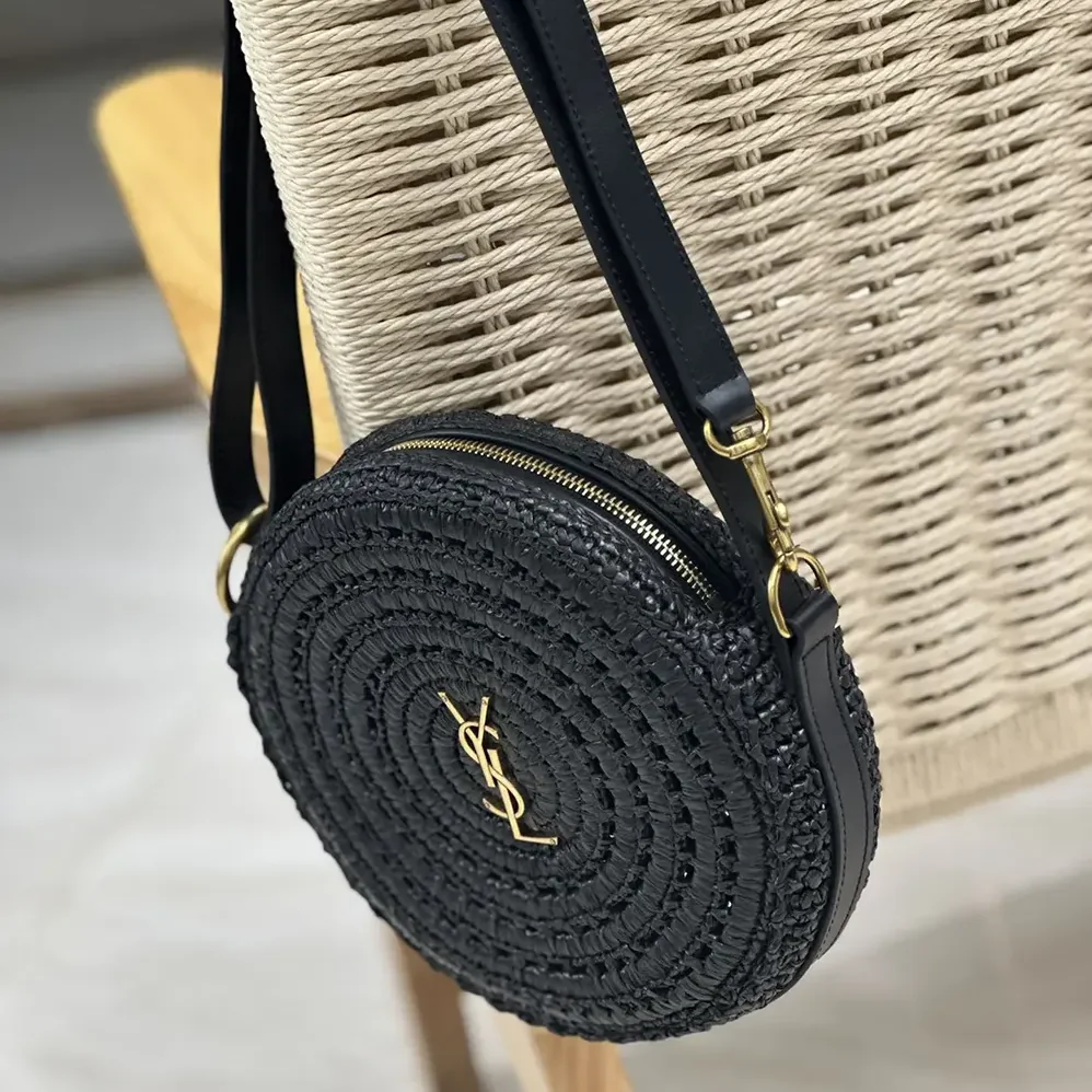 Saint Laurent YSL Round Bag in Raffia and Vegetable-Tanned Leather for Women in Black Saint Laurent YSL Round Bag in Raffia and Vegetable-Tanned Leather for Women in Black