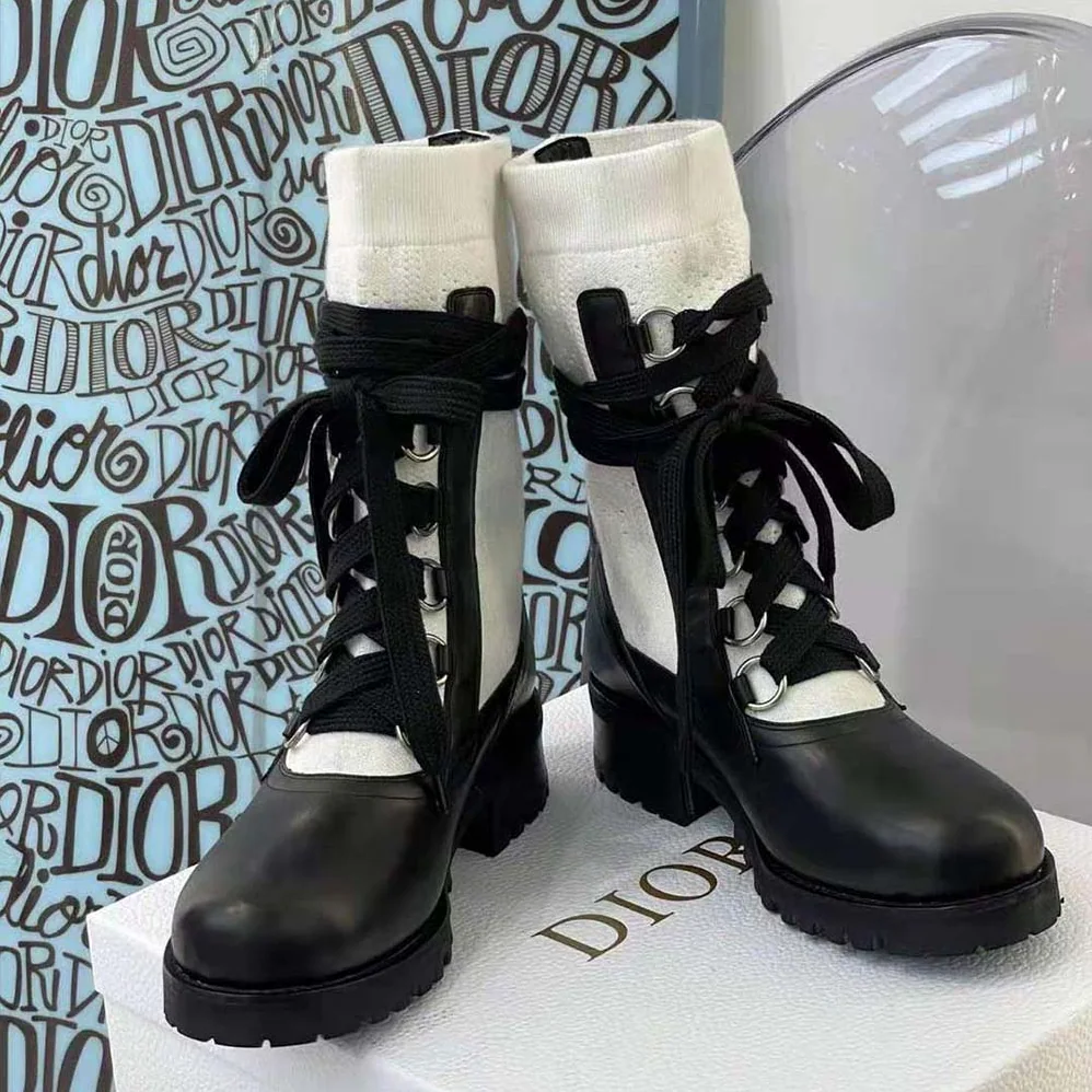 Dior Diorland Lace-up Boot Black Calfskin and White Cotton for Women Dior Diorland Lace-up Boot Black Calfskin and White Cotton for Women