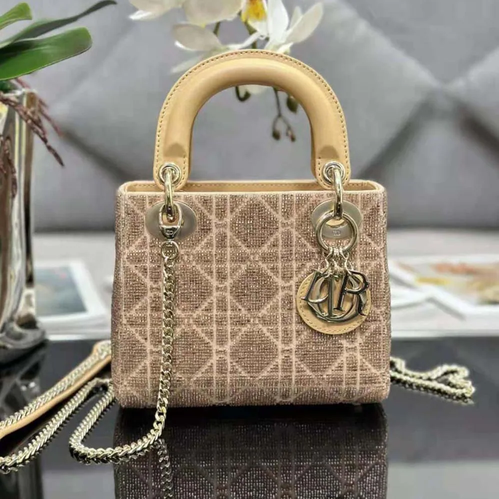 Dior Mini Lady D-joy Bag Caramel Beige Cannage Cotton Embroidered with Micropearls for Women