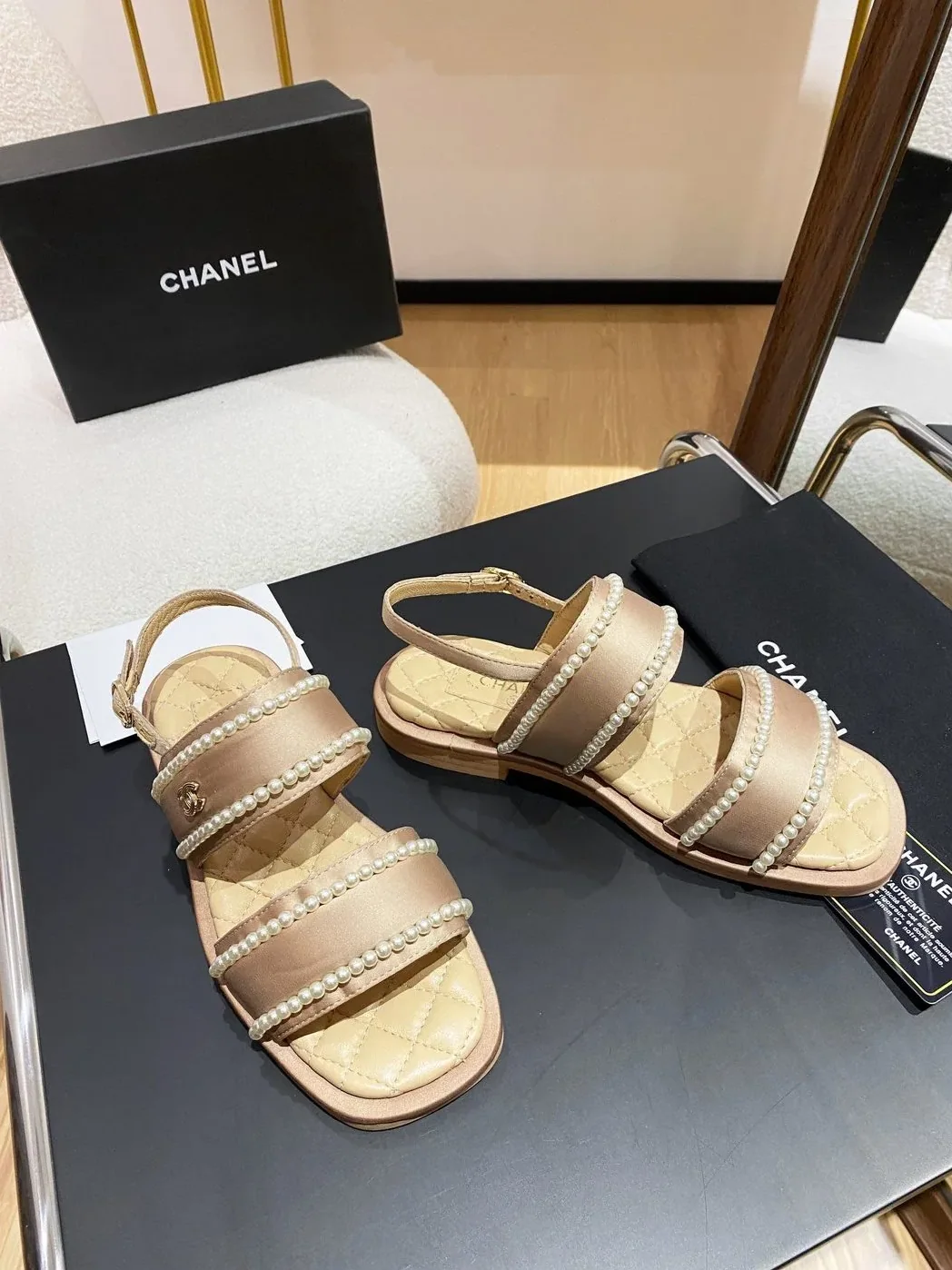 Chanel Pearl Flat Sandals Brown