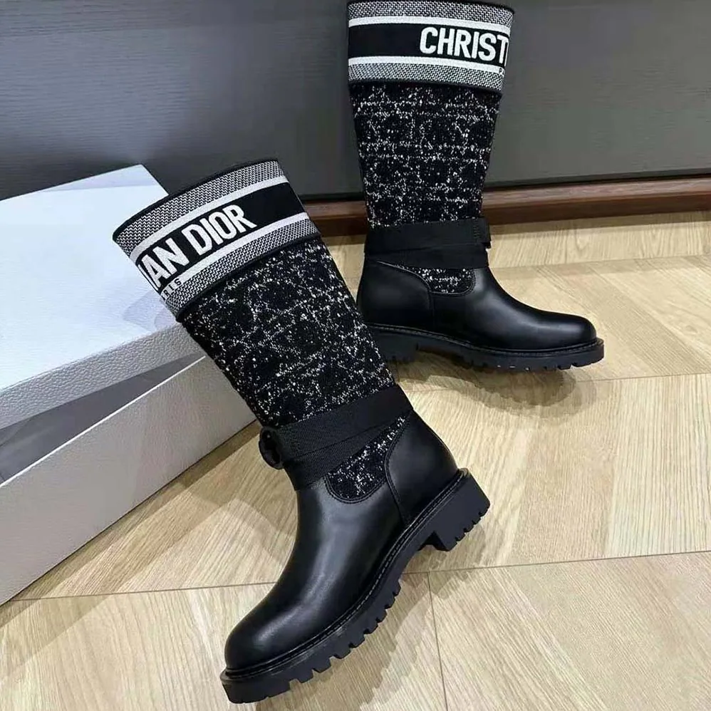 Dior D-Major Boot Black Calfskin with Black and White Cannage Tweed for Women Dior D-Major Boot Black Calfskin with Black and White Cannage Tweed for Women