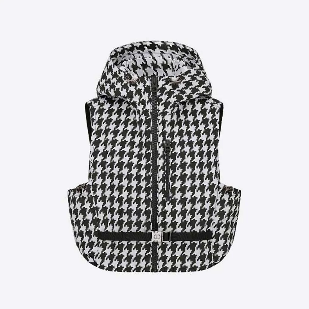 Dior Hooded Sleeveless Vest Black and White Technical Taffeta Jacquard with Macro Houndstooth Motif for Women