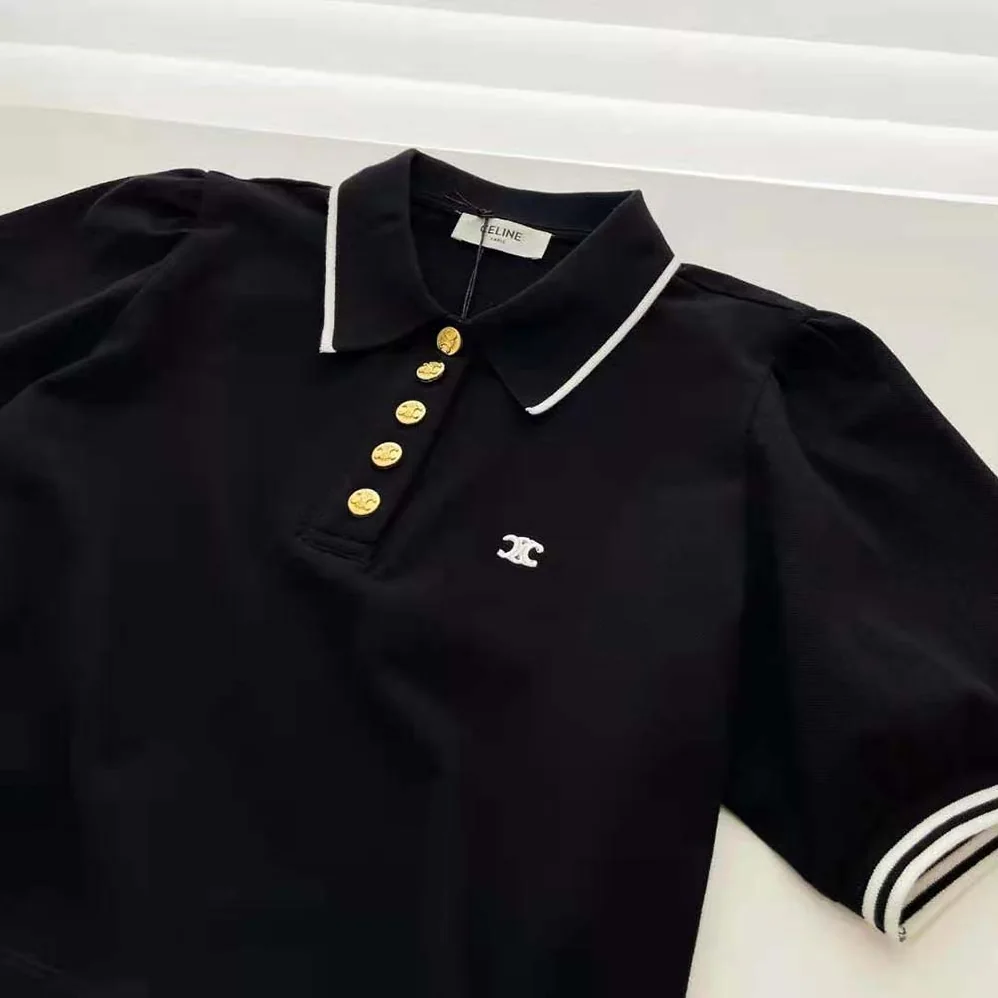 Celine Cropped Triomphe Polo Shirt in Cotton Piqué for Women Celine Cropped Triomphe Polo Shirt in Cotton Piqué for Women