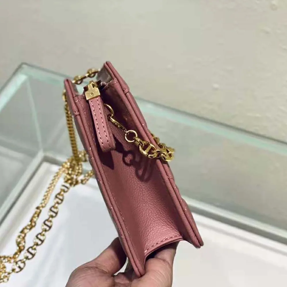 Dior Caro Zipped Pouch with Chain Cedar Green Supple Cannage Calfskin for Women in Pink Dior Caro Zipped Pouch with Chain Cedar Green Supple Cannage Calfskin for Women in Pink