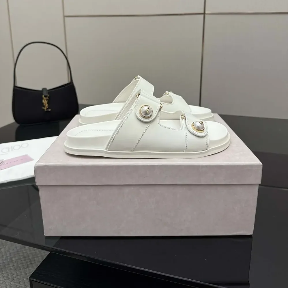 Jimmy Choo Fayence Sandal Latte Leather Flat Sandals with Pearl Embellishment for Women