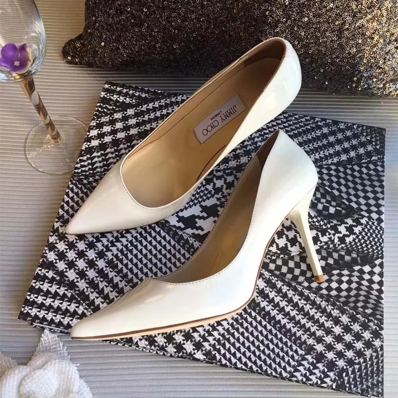 Jimmy Choo Romy 85 Patent Leather Pointy Toe Pumps Shoes for Women in White Jimmy Choo Romy 85 Patent Leather Pointy Toe Pumps Shoes for Women in White