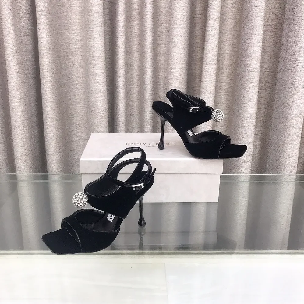 Jimmy Choo Orb 95 Black Velvet Sandals for Women