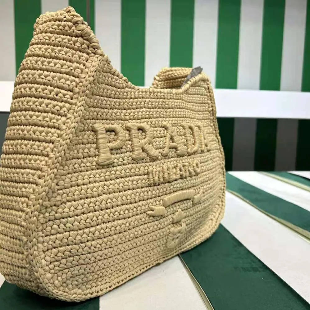 Prada Crochet Tote Bag with Embroidered Lettering Logo for Women in Natural Prada Crochet Tote Bag with Embroidered Lettering Logo for Women in Natural
