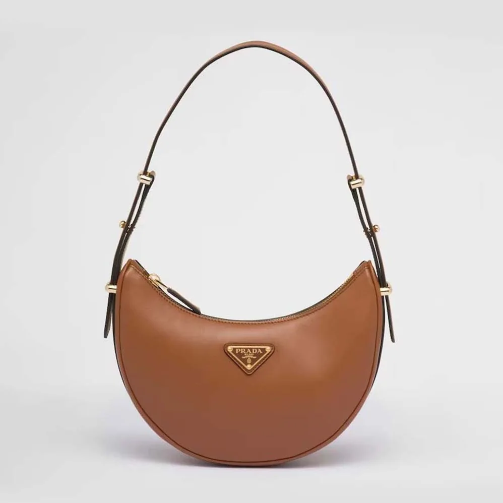 Prada Leather Shoulder Bag with Enameled Metal Triangle Logo for Women in Brown Prada Leather Shoulder Bag with Enameled Metal Triangle Logo for Women in Brown